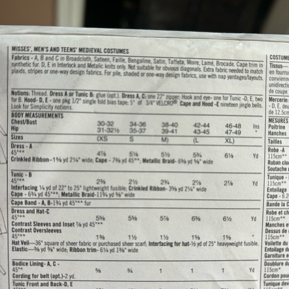 4/$50 Simplicity 9229 Halloween medieval costume sale pattern XS-M 🪡 - Picture 6 of 7